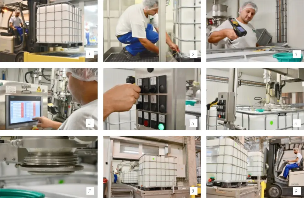 Un conteneur vide est acheminé par le premier opérateur (1). Le second opérateur y appose un autocollant et un sceau (2), et scanne les codes-barres (3). Sur les écrans HMI (4) et le panneau de commande (5), l’opérateur dans le local de remplissage peut suivre ou commander le processus de remplissage de façon conviviale (6). Lorsque  le bon poids est atteint, le remplissage s’arrête (7) et le conteneur plein est sorti du local de remplissage (8). Le premier opérateur l’évacue enfin avec le chariot élévateur (9)