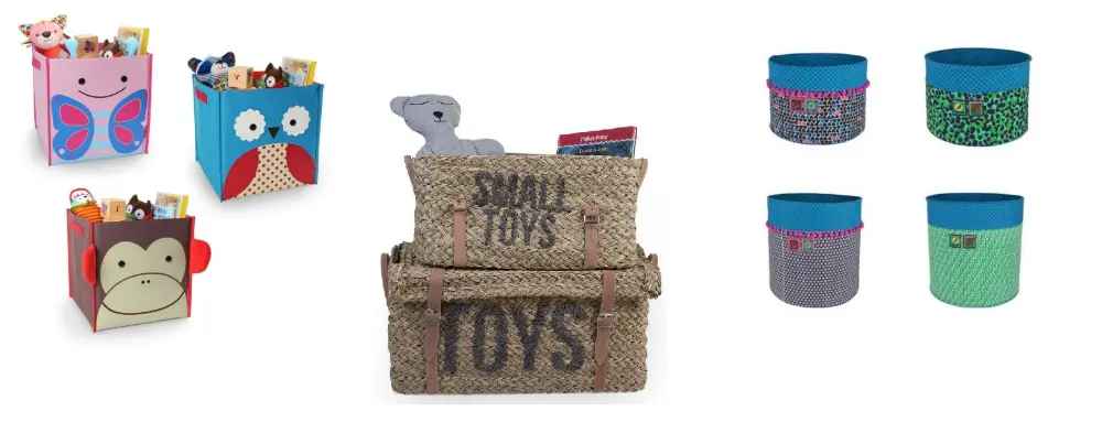 De Zoo Storage Bin van Skip Hop, rotan mandenset Toys + Small Toys van Childhome en opbergmanden van Colorique