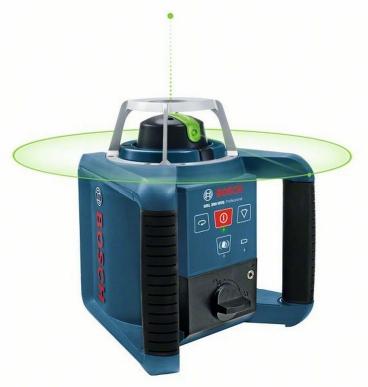 Le laser rotatif GRL 300 HVG de Bosch Professional fonctionne avec une ligne laser verte jusqu'à quatre fois plus visible qu'une ligne rouge.  Ce laser se met rapidement en place pour des appli­cations horizontales et verticales grâce au nivellement automatique de 8%