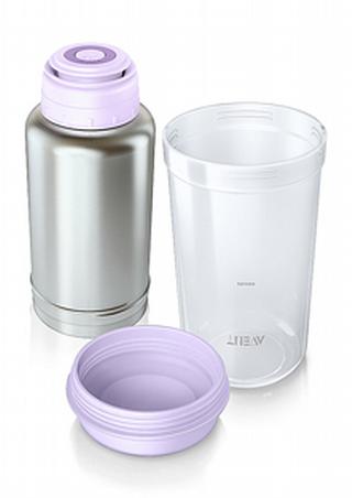 Met de Avent flesverwarmer kun je altijd en overal melk opwarmen: de thermische fles (500 ml) houdt gekookt water tot zes uur lang warm en in de bijbehorende beker kunnen flessen binnen 2,5 minuten worden opgewarmd