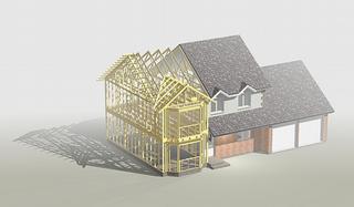 Houtskeletbouw waarvan de fa&ccedil;ade en het dak met 'traditionele' bouwmaterialen worden afgewerkt. Dergelijke renderings vormen de ideale tool tijdens een verkoopgesprek