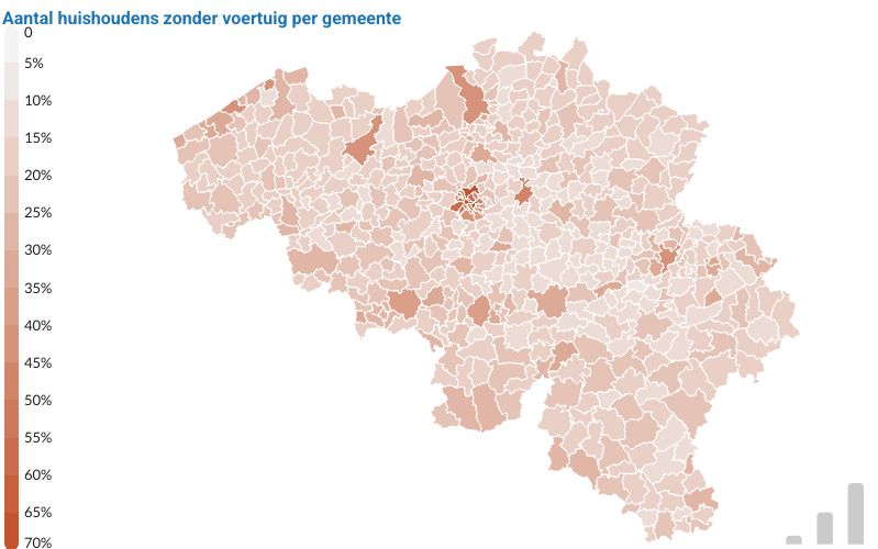 Het aandeel huishoudens zonder wagen verschilt sterk van gemeente tot gemeente (Bron: Statbel)