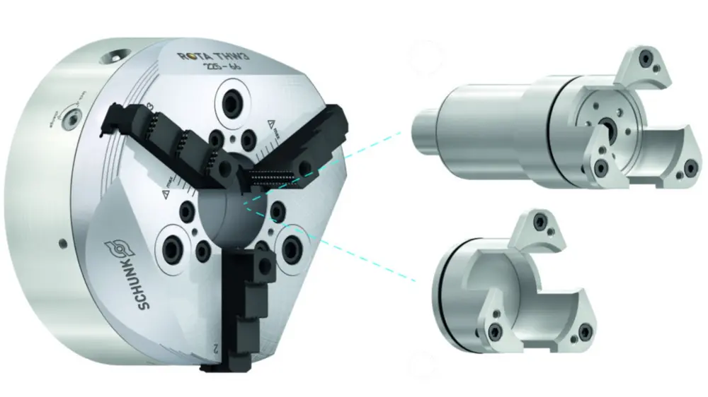 Modulair middenhulssysteem. Met de instelbare dieptestop (rechtsboven) stoppen alle werkstukken herhalingsnauwkeurig in dezelfde positie. De gesloten middenhuls (rechtsonder) voorkomt binnendringen van spanen en koelmiddel in de klauwplaatboring