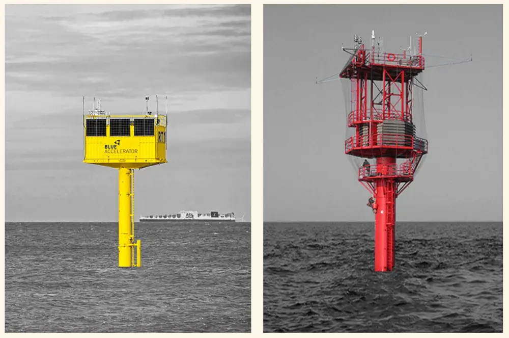 Twee bakens van de Noordzee als labo zijn de Blue Accelerator (links) en het Westhinder-platform (rechts).