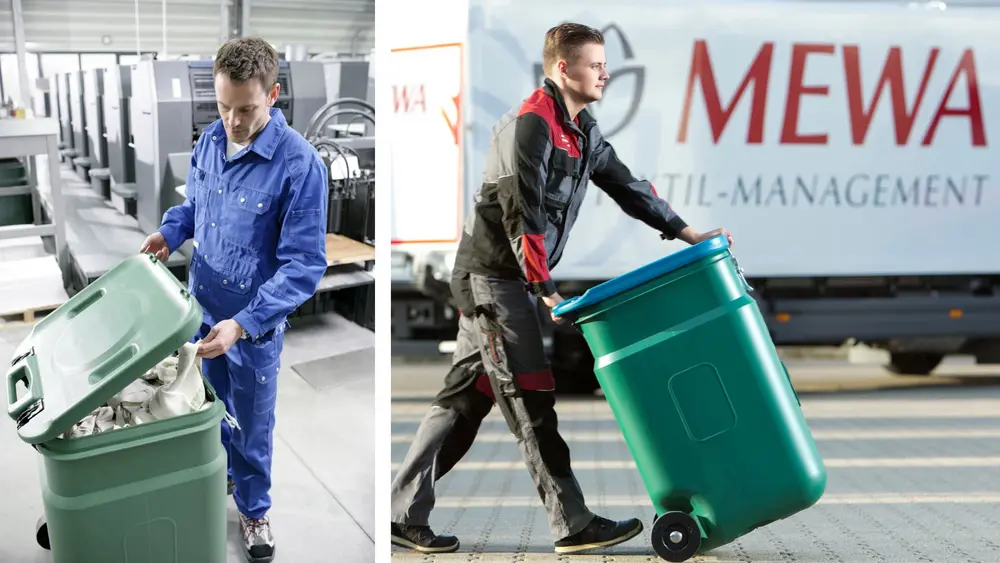 Bij de MEWA-poetsdoeken hoort een hermetisch afsluitbare SaCon-veiligheidshouder. De herbruikbare doeken worden opgeslagen en vervoerd in containers die MEWA eigenhandig ontwikkeld heeft