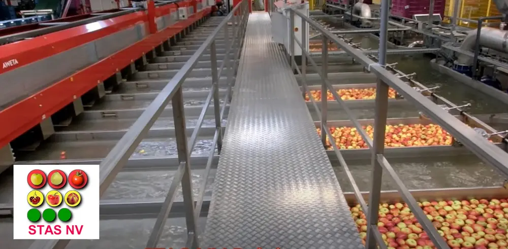 Het sorteren gebeurt links, waarna het fruit uitgeworpen wordt in de gekozen waterbaan om verder te drijven naar de afvulling. Een continue waterstuwing brengt het fruit mooi samen