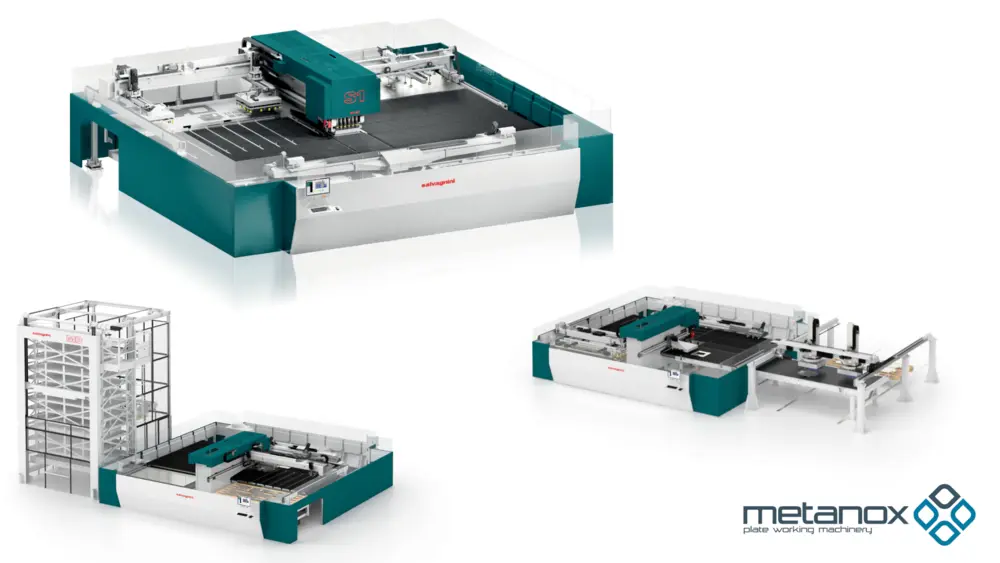 La poinçonneuse laser S1 de Salvagnini, très productive, offre différentes options pour l'entrée (tour de stockage MD illustrée) et la sortie (MCU avec deux manipulateurs cartésiens)