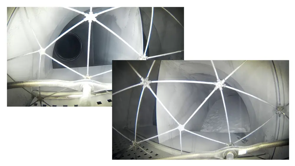 drone constateert verstopte leiding op kruispunt van leidingen. Figuur A: open leiding. Figuur B: verstopte leiding