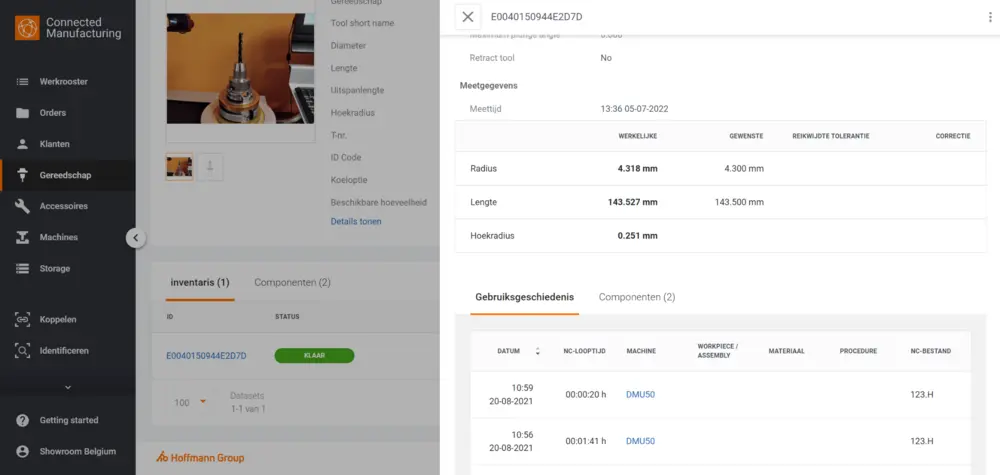 Dankzij Connected Manufacturing (full version) kunnen opgemeten data van een Garant VG1, Zoller, Kelch en Haimer gekoppeld worden aan het gereedschap. Ook de gebruiksgeschiedenis wordt bijgehouden als er een connectie met de machine is