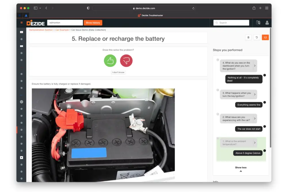 Het systeem stelt de gebruiker diverse vragen, waarbij elk antwoord hem een stukje dichter bij de oplossing brengt