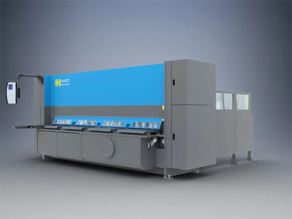 Met de nieuwe hydraulische guillotineschaar GSX3006-R kan de operator automatisch de messpleet en kniphoek instellen via ingave van plaatdikte en plaatmateriaal