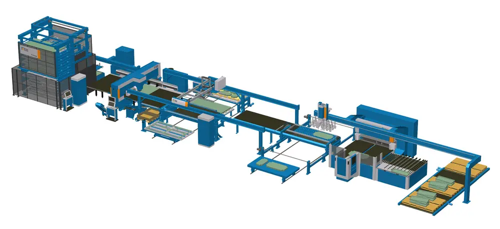 Van links naar rechts wordt het plaatmateriaal achtereenvolgens gelaserd, geponst en gebogen