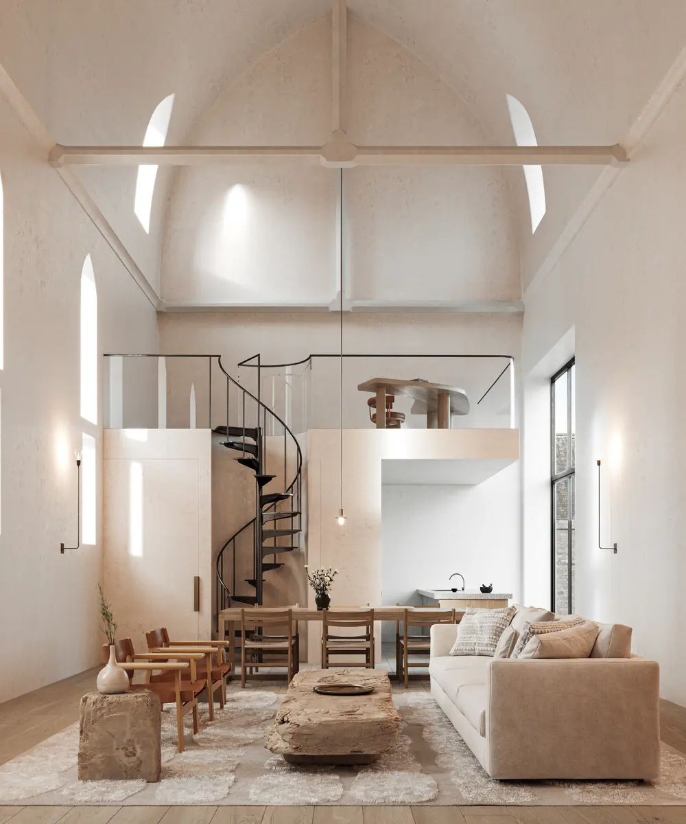 Woonkamer met draaitrap in woonunit Karmelklooster