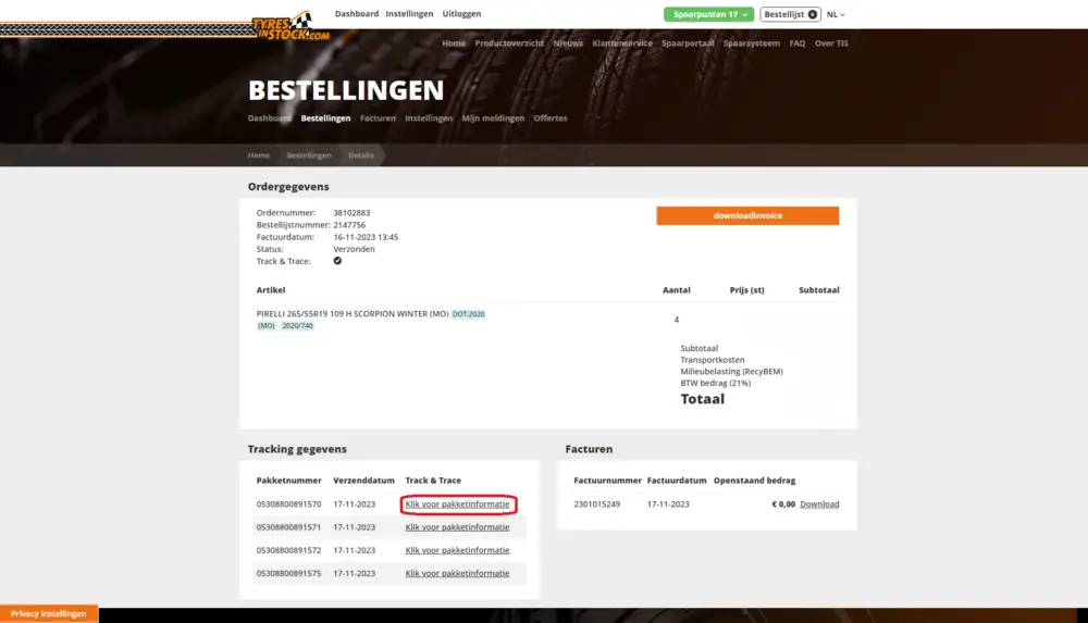 Tyres in stock track trace