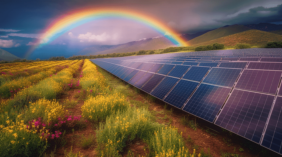 AI-generated image of a field of solar panels with a rainbow in the background