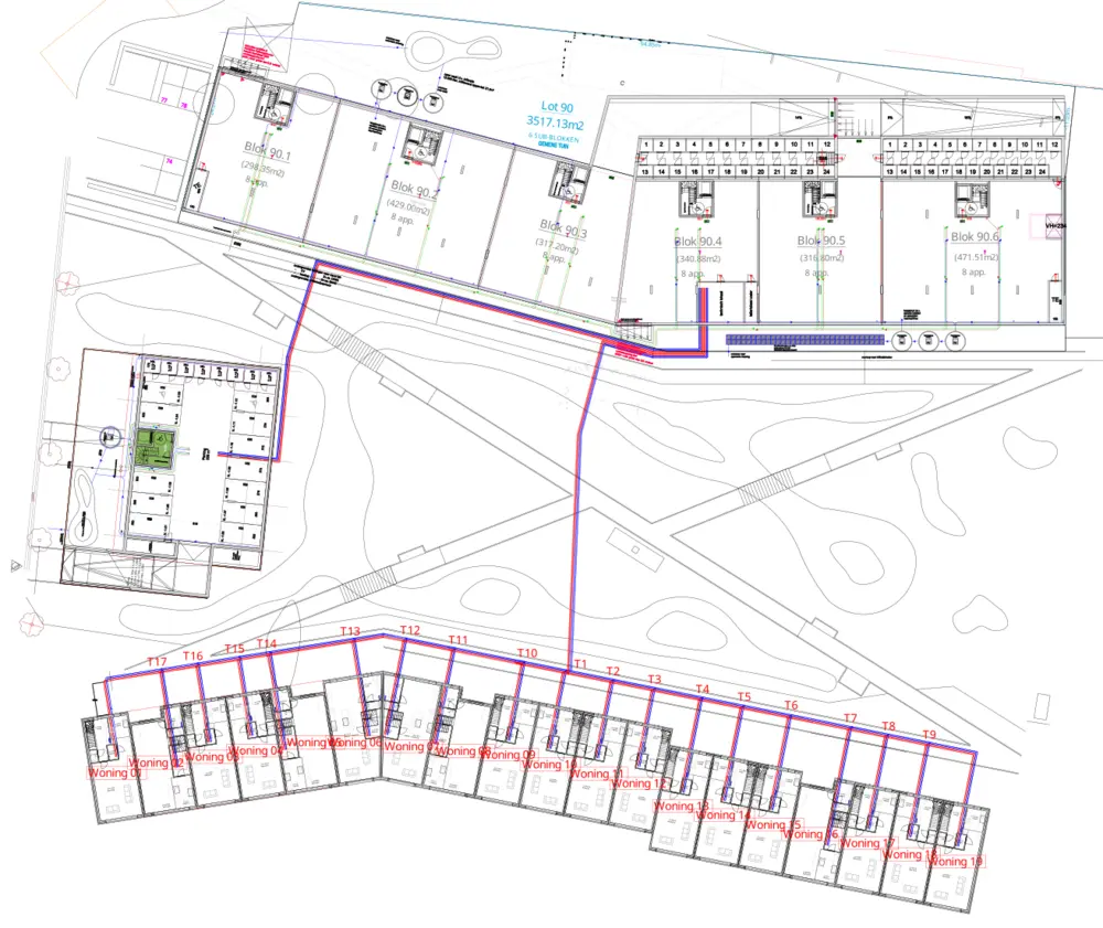 Plan van de woonwijk met warmtenet