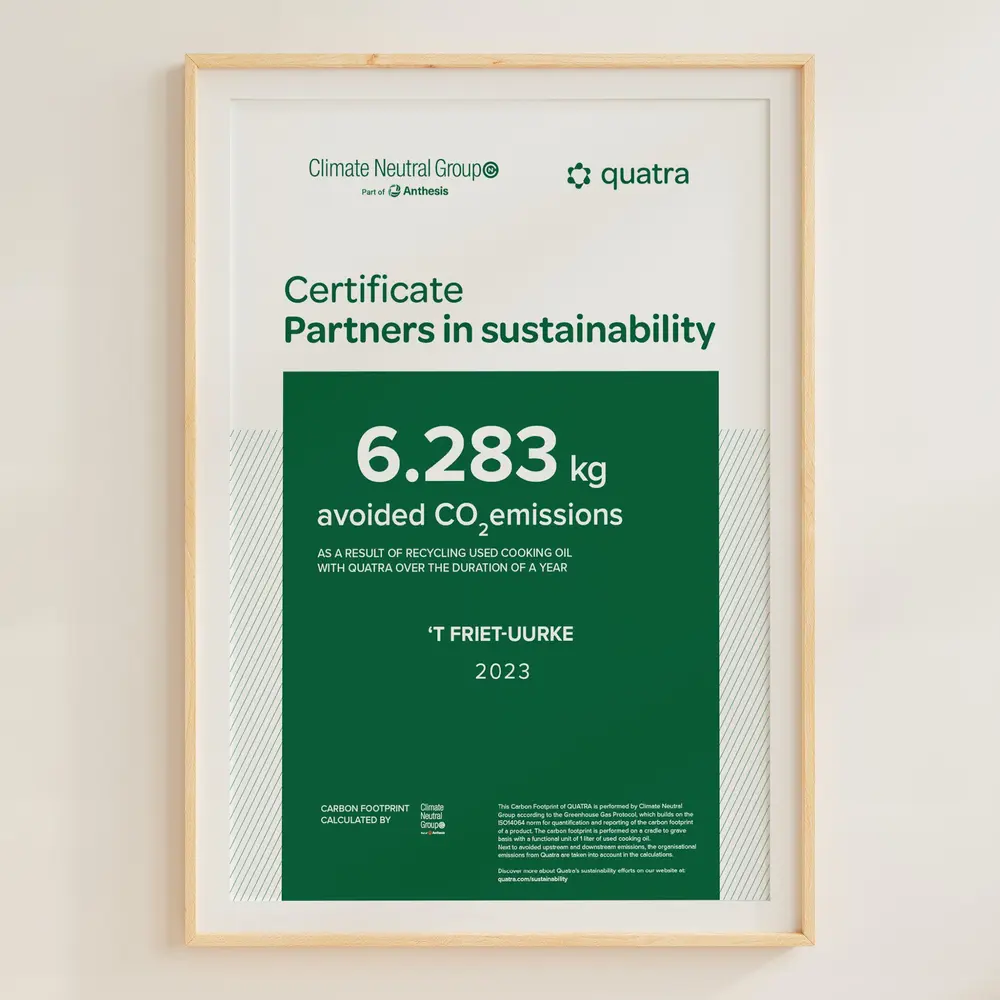 Certificaat CO2-besparing voor recyclage van gebruikte frituurolie