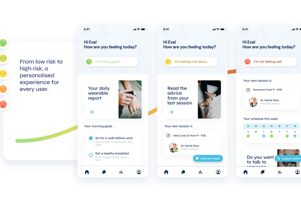De app toont gerichte interventies op basis van hoe de gebruiker zich voelt.