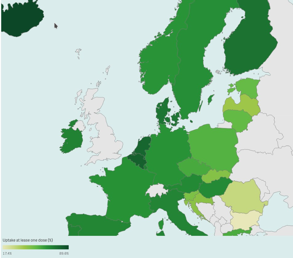 Vaccinatiegraad in West-Europa op 12 juli, volgens de European Centre for Disease Prevention and Control.