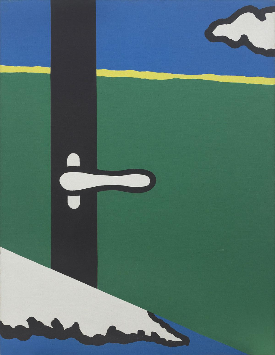 Raoul De Keyser, Doos, raamklink, veld, wolk, 1968-69, acrylverf op doek. Privéverzameling - langdurige bruikleen bij Roger Raveel Museum / Vlaamse Gemeenschap.