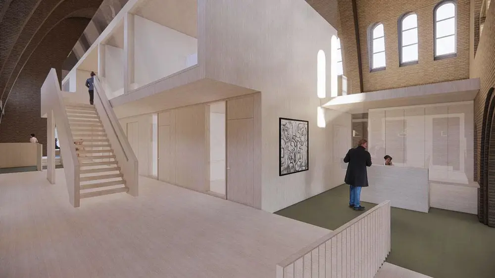 Het plan is om binnenin de kerk een box-in-box structuur te bouwen, waarin verschillende kabinetten worden ingericht.