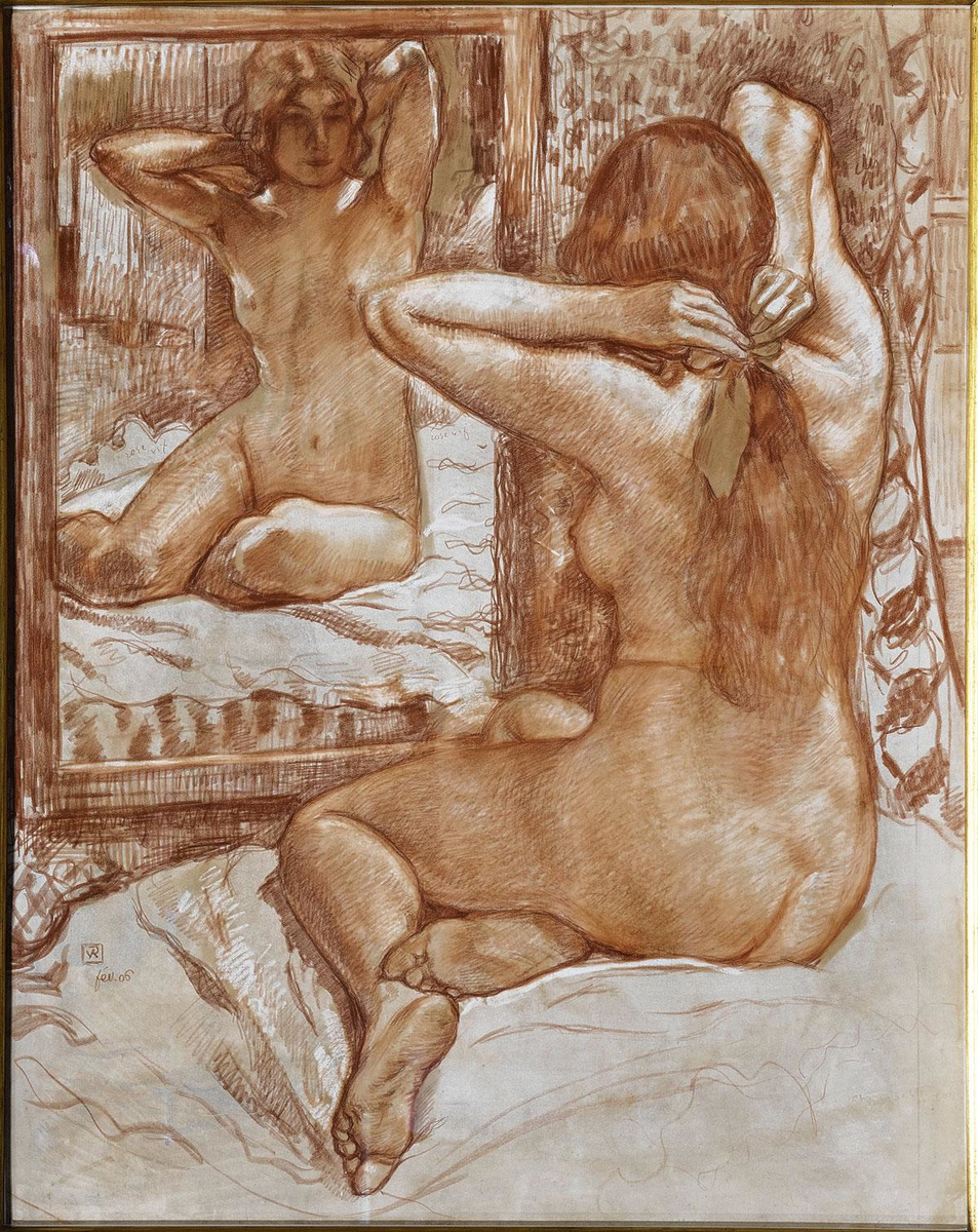 Théo Van Rysselberghe, Le ruban écarlate, 1906, rood krijt op papier. Particuliere collectie, België.