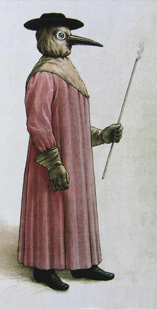 De pestdokter, in zijn typische uitrusting met rode mantel en snavelmasker.