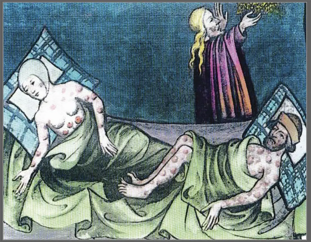 Bedlegerigen tijdens de pestepidemie van 1663-1666.