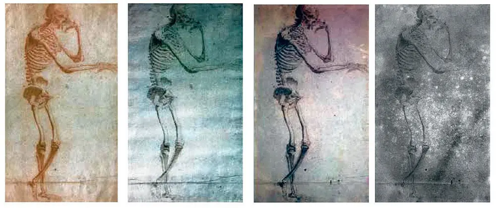 Vier fazen van het hoogtechnologisch radiografisch onderzoek. De galerie Caiati Old Masters wendde alle moderne technologie aan om de tekening te onderzoeken.