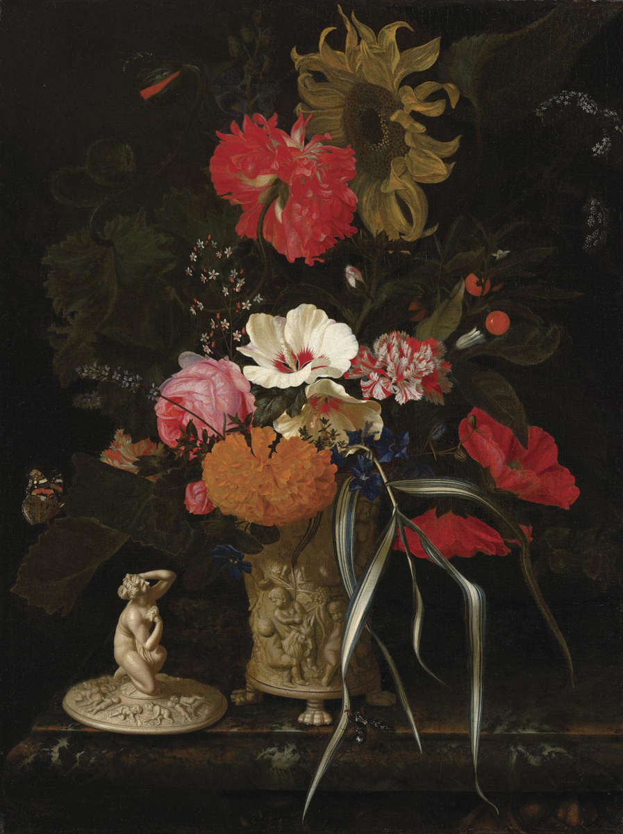 Maria van Oosterwijck, Bloemen in een versierde bokaal, Mauritshuis, Den Haag