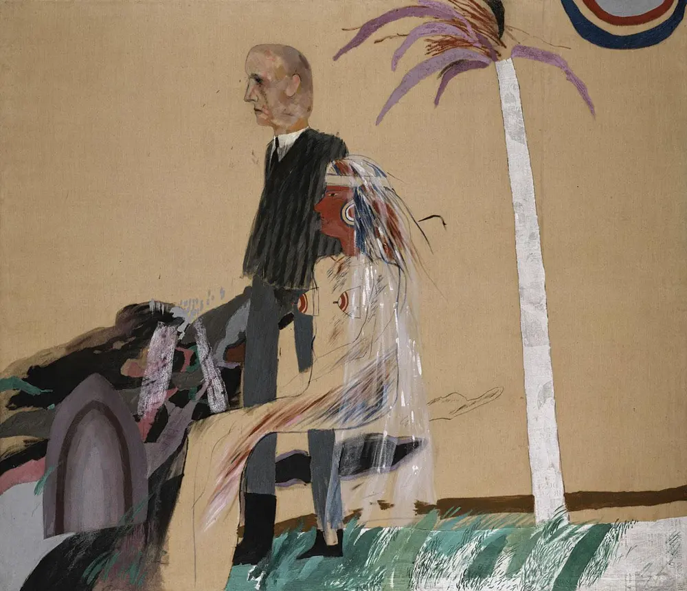 David Hockney- The First Marriage (A Marriage of Styles I) , 1962. Olieverf op doek, 182,9 x 214 cm. Tate: Schenking door de Vrienden van de Tate Gallery 1963.