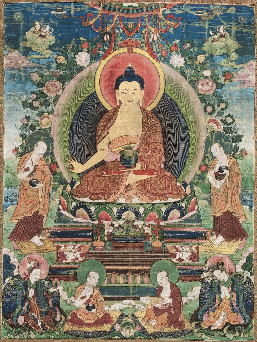 Thangka, Bouddha et ses disciples, Tibet, 17e s., Détrempe sur coton, 63,5 x 47 cm, Bruxelles, Musées royaux d'Art et d'Histoire, N° inv. VER.203