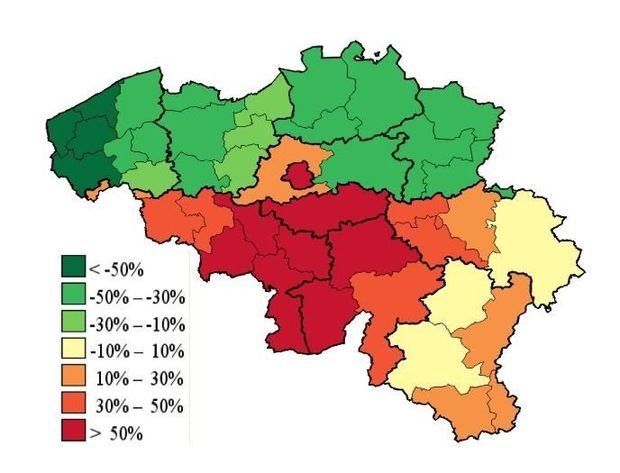 Diagnostische mammografieën in de leeftijdsgroep 45-19 jaar: afwijking van het gemiddelde (gestandaardiseerd aantal onderzoeken per 100.000 inwoners/arrondissement; cijfers 2016).