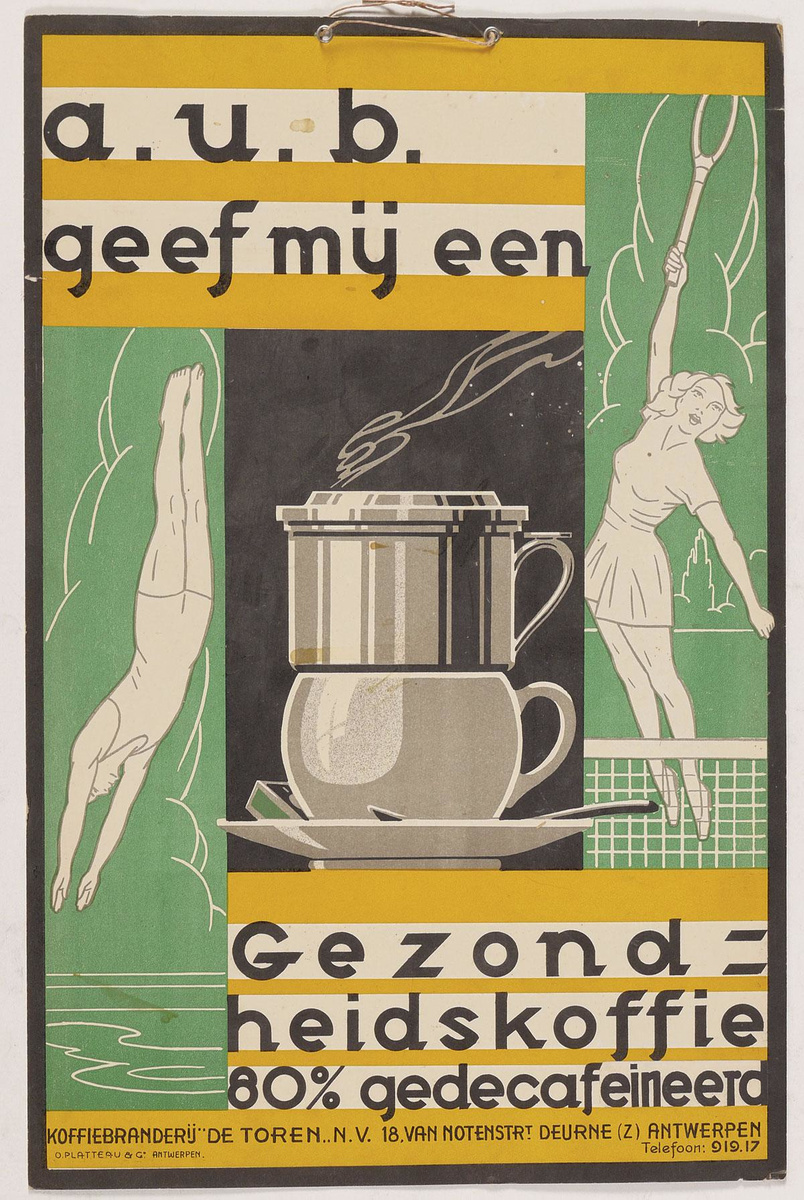 Reclamebord voor gezondheidskoffie van koffiebranderij De Toren.