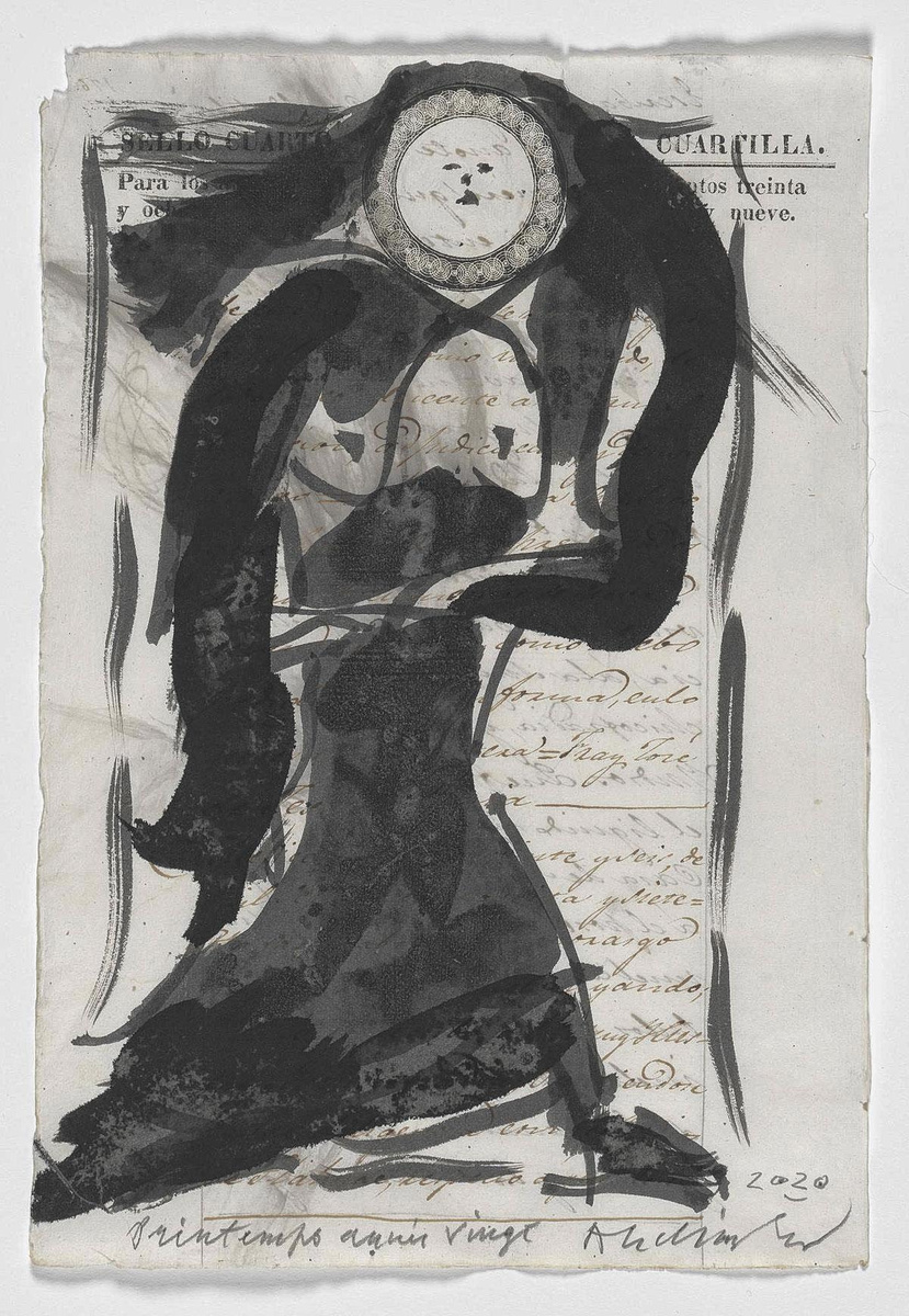Pierre Alechinsky, Printemps année vingt, 2020. Oost-Indische inkt, gewassen op een 19de-eeuwse Spaanse registerpagina. Schenking van de kunstenaar, 2020.