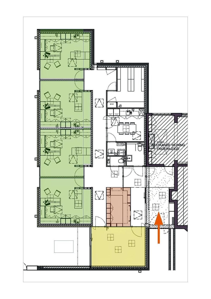 Grondplan van doktersdorp. Het secretariaat (roze) is de spil. De wachtzaal (geel) ligt aan de straatkant. Tussen de gang waarop de praktijkruimten (groen) uitmonden en de wachtzaal is een deur die alleen van binnenuit - aan de zijde van de 'rustzone' - opengaat. Boven het secretariaat op het plan, bevindt zich de uitgang uit de rustzone.