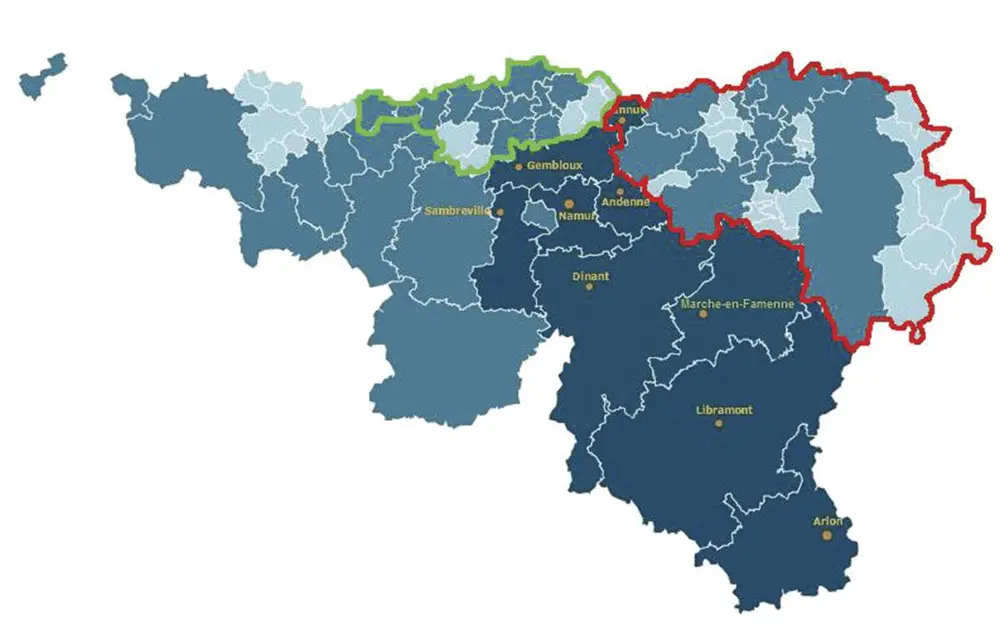 Entourées de vert et de rouge, les provinces du Brabant wallon et de Liège recensent à elles seules près de trois quarts des cercles de médecine générale en Wallonie.