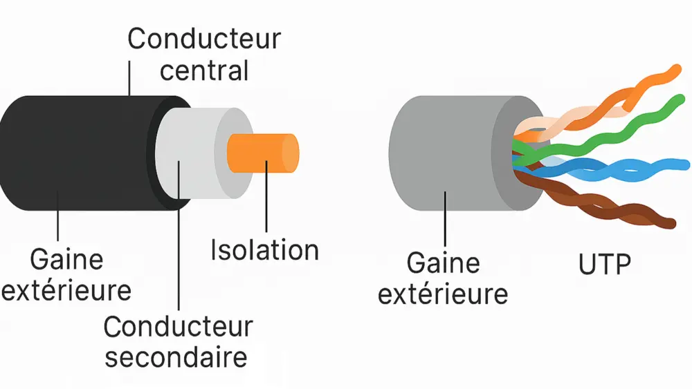 Section d’un câble COAX et d’un câble UTP.