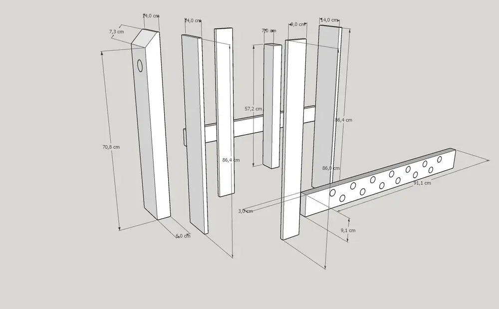 Maataanduidingen van onderdelen van een werkbank