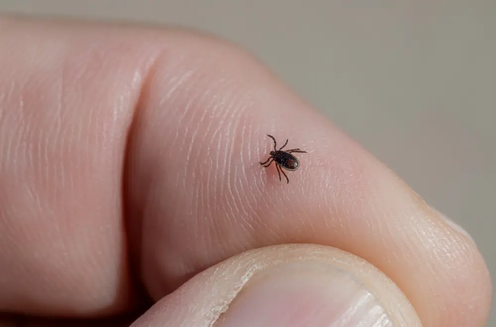Foto van een teek op vinger