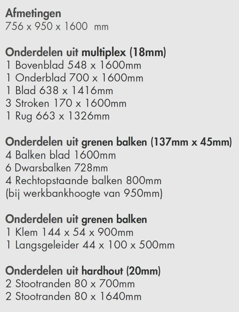 Hout- en meetstaat voor een werkbank