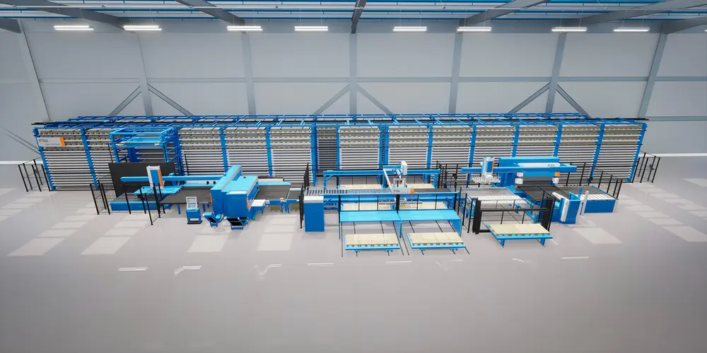 De magazijnsystemen worden op maat gemaakt met behulp van het brede assortiment hoogwaardige werktuigmachines, geïntegreerde cellen, automatische materiaalverwerkingsoplossingen en software van Prima Power