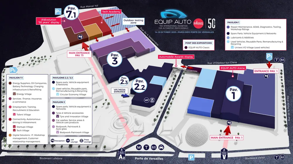 Plattegrond van EQUIP AUTO 2025 in Paris Expo Porte de Versailles, met vijf paviljoenen, themadorpen en de nieuwe outdoor testzone