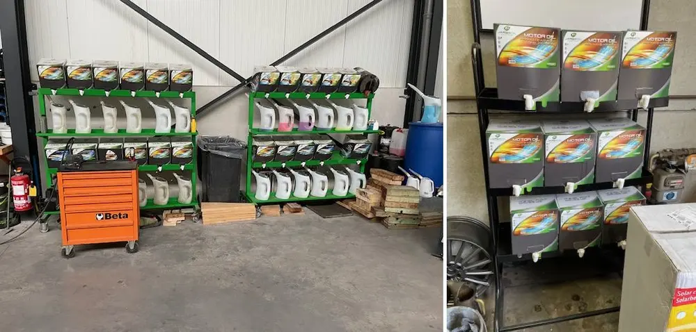Verschillende opstellingen voor diverse hoeveelheden vloeistoffen die het meeste worden gebruikt in een werkplaats (foto: Jarski Oil)
