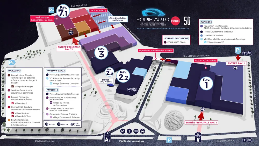 Plan du salon EQUIP AUTO 2025 au Paris Expo Porte de Versailles, avec cinq pavillons, huit villages thématiques et la nouvelle zone d’essais en extérieur