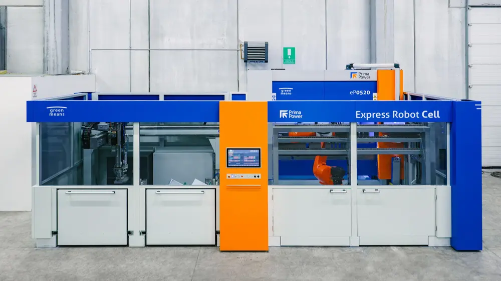 De Prima Power Express Robot Cell is een robotic bending cell met kantbank, magazijn en robot. Dit is een universeel automatisch plooisysteem.