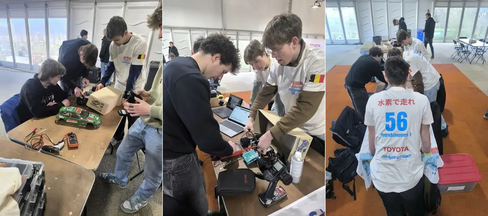 De teams HydroScheppers van het Scheppersinstituut Wetteren werken tijdens het Belgisch kampioenschap H2GP aan de afstelling en optimalisatie van hun zelfontwikkelde hybride RC-wagen, goed voor de Belgische titel en een tweede plaats