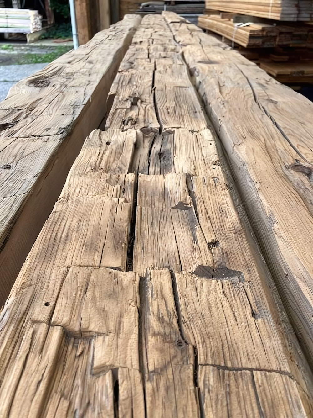 Gerecupereerde balken met uitgesproken scheuren en haksporen