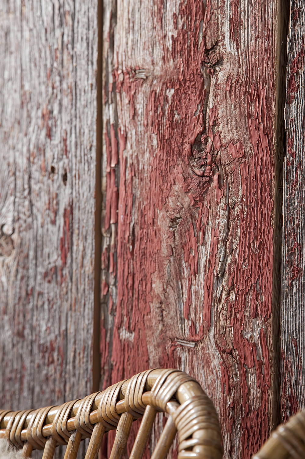 Restanten van oude verf en diepe nerven versterken de authenticiteit van gerecupereerd barnwood