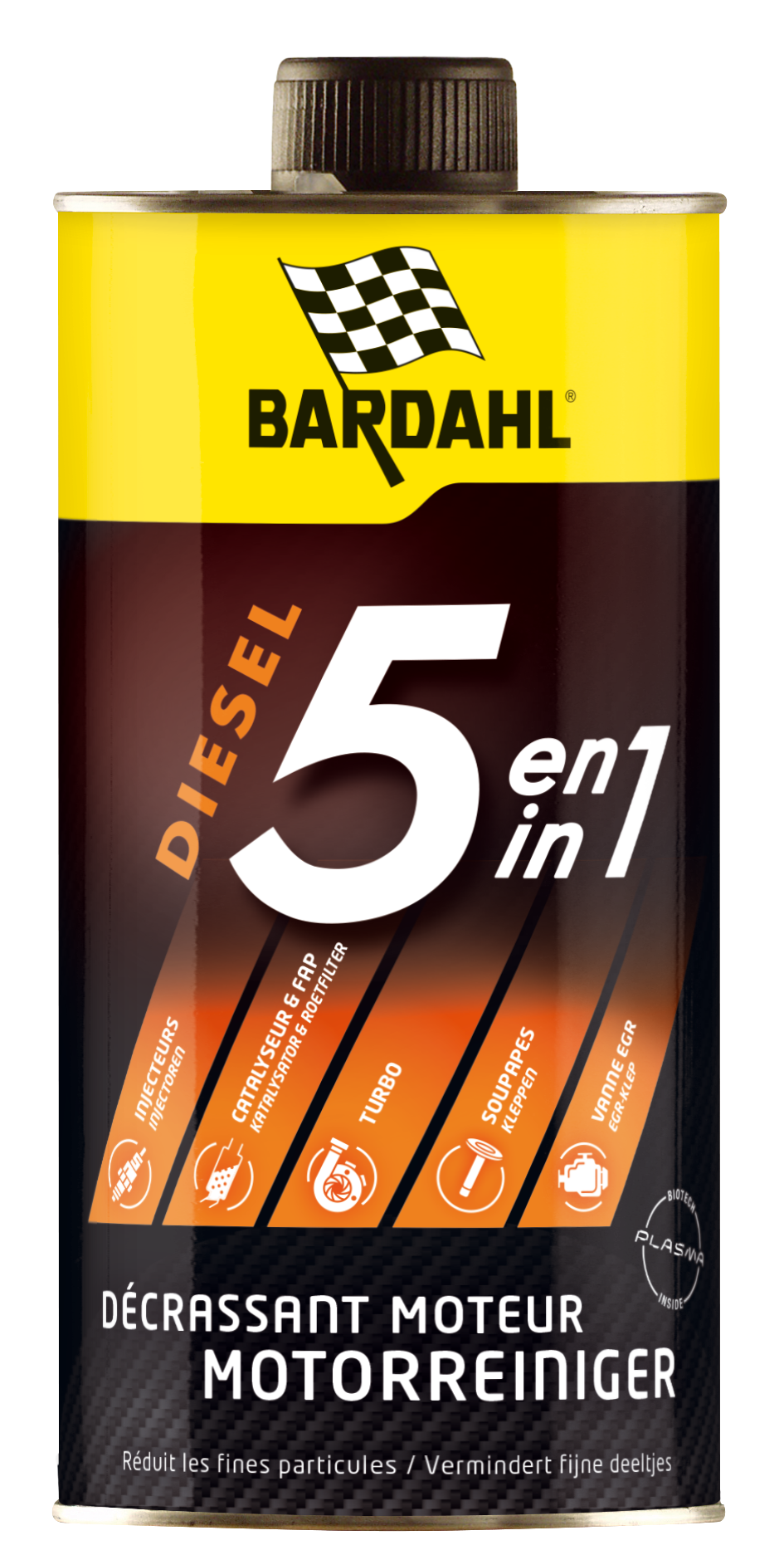 Bardahl 5-in-1 Cleaner is samengesteld om alle motoronderdelen grondig te reinigen zonder demontage: injectoren, EGR-klep, turbocompressor, roetfilter (DPF) en katalysator